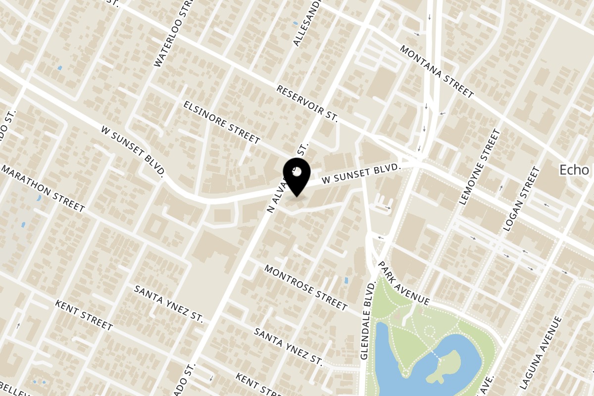 Map showing the location of El Flamin Taco - Echo Park on 2028 Sunset Blvd in Los Angeles